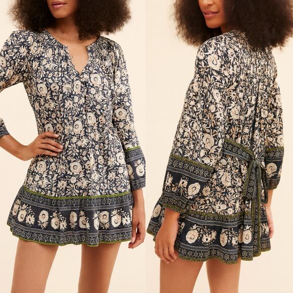 Cleobella Elly Mini Dress Tripura Block Print Boho Smocked Navy Beige XS - Picture 1 of 8